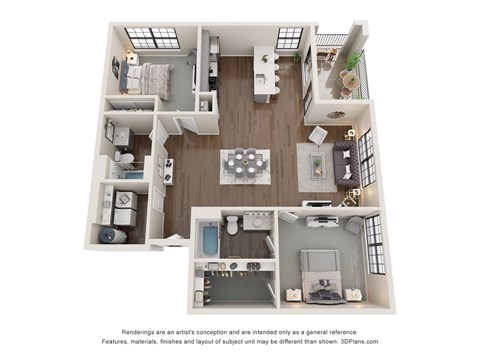 Floor plan for 2 beds, 2 baths, 1364 sqft